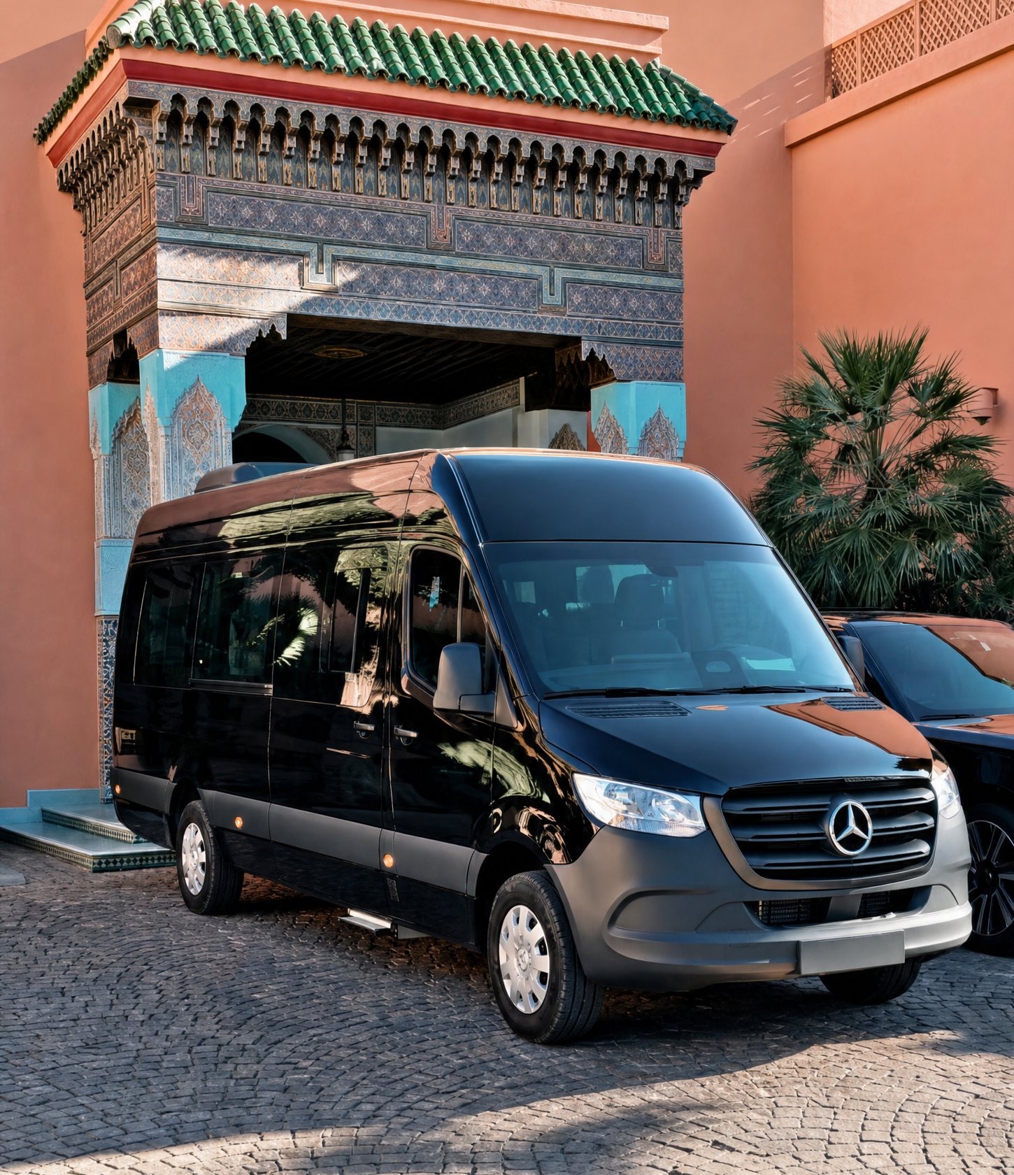 Our black Mercedes Sprinter parked in front of a carved Moroccan gateway in Marrakech