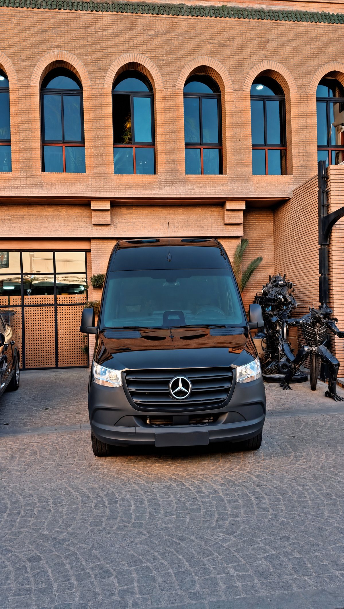 Front view of our black Mercedes Sprinter outside a brick building in Marrakech